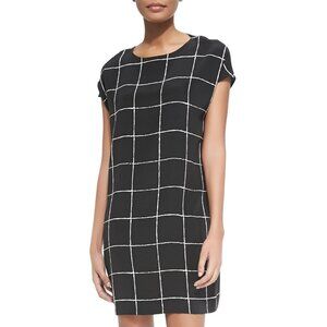 Vince | Silk windowpane-print cap-sleeve dress in black and white with pockets